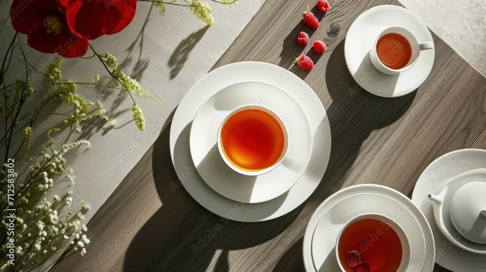 a wooden table topped with white plates and cups filled with tea next to a vase with red flowers on it. a wooden table topped with white plates and cups filled with tea next to a vase with red flowers on it.