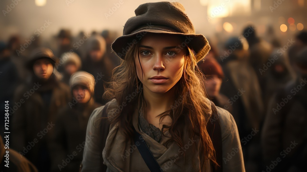 Girl in a hat on a background of the crowd