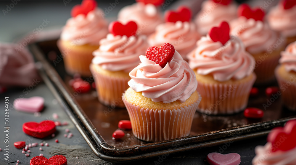 Delicious cupcakes with hearts on wooden table, closeup view