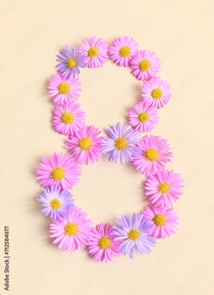 International Women's day, March 8th concept. Number eight 8 made of pink and purple asters flowers on beige background. Flower fonts, shape. Creative spring idea, stylish trendy greeting card.