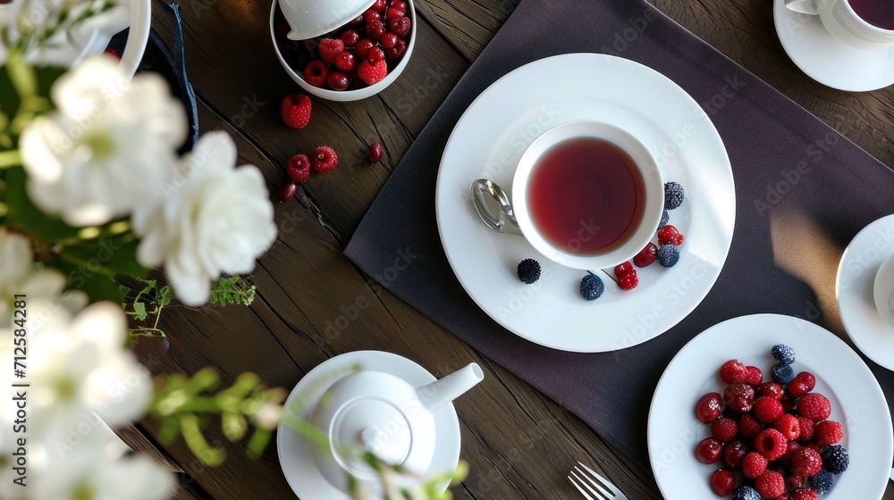 a close up of a plate of food on a table with a cup of tea and a plate of berries. a close up of a plate of food on a table with a cup of tea and a plate of berries.