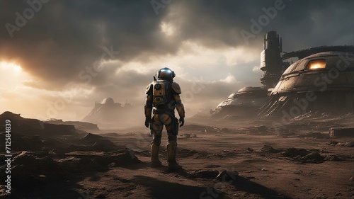 a person in a helmet A futuristic wasteland where the sun is blocked by a thick layer of clouds and the air is toxic. 