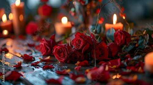 Fototapeta Naklejka Na Ścianę i Meble -  Beautiful red roses and candles on dark wooden table, closeup. Valentines day background with red roses, rose petals, candles and bokeh