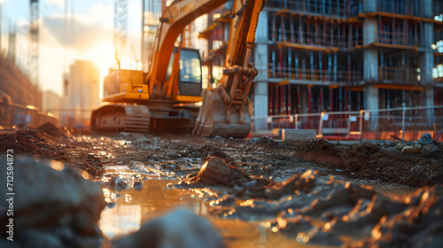 Construction site with excavator and building under construction at sunset. photo