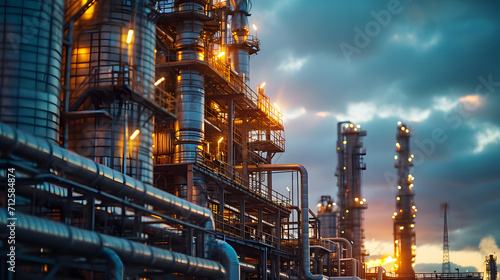 Oil refinery at twilight, petrochemical plant, petrochemical industry photo