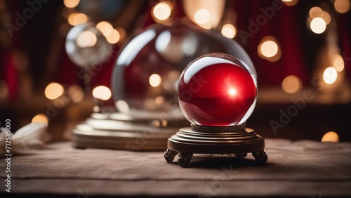  A magical and enchanted crystal ball with a silver frame, a red velvet, and a feather. It sparkles 
