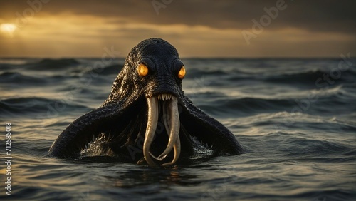  on the beach A massive and fearsome horror monster with a scaly skin, glowing yellow eyes, and tentacles 