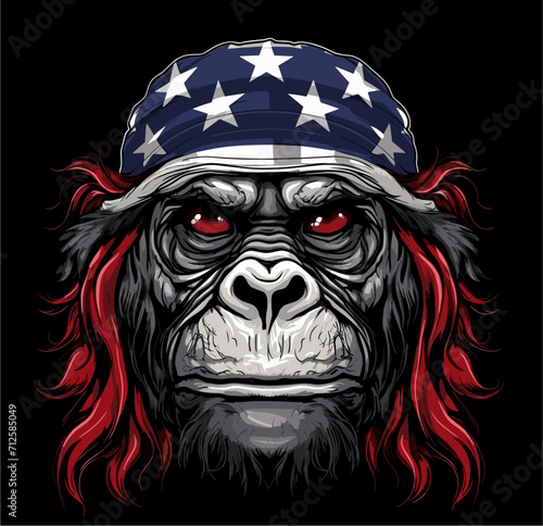Vector design for t-shirt. 
Ferocious gorilla monkey
with american flag tied in bandana on head 
on black background. 
Fashionable print for fabric, paper, men clothing,
hoodie, biker jacket.