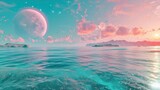 A calm seascape with an oversized moon rising above tranquil waters during a dreamy sunset