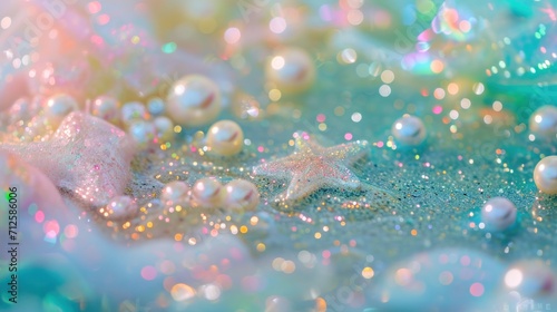 Multiple pearls and small starfish nestled on sandy beach glittering under soft light