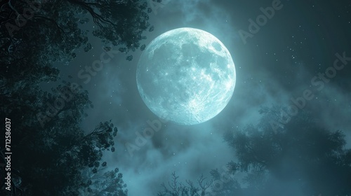  a full moon in the night sky with clouds and trees in the foreground and trees in the foreground. © Shanti