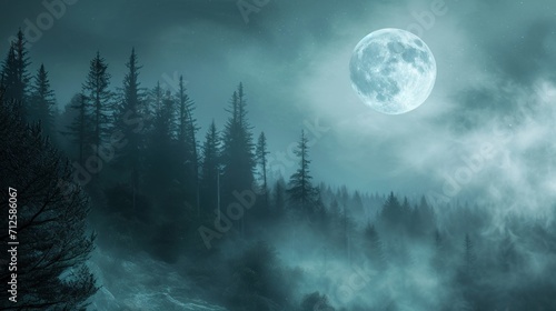  a full moon in the night sky over a foggy forest with a river running through the foreground and trees in the foreground.
