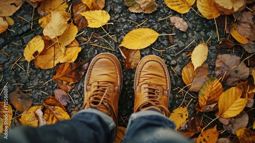  a person's feet in a pair of brown shoes on a gravel ground with yellow leaves on the ground.