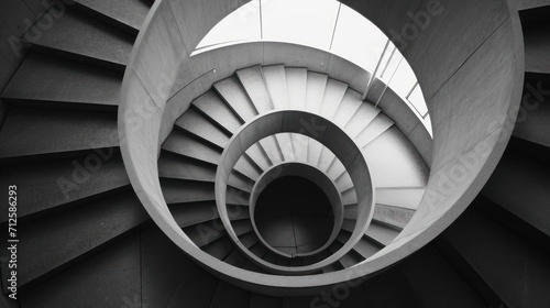 a black and white photo of a spiral staircase with a skylight at the top of the spiral stairs.