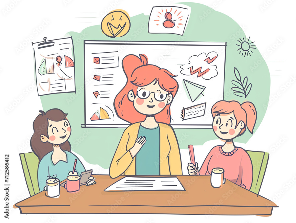 Doodles showing Plan. Strategy. Meeting. The team is working on a project. Female presenter. Vector illustration.