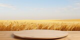 Table with wheat field backdrop, perfect for product showcase.