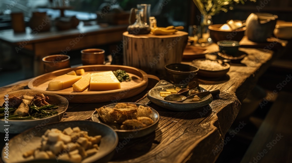  a wooden table topped with plates of food and a bowl of broccoli on top of a wooden table.