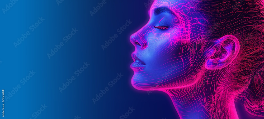 Close up view side profile shot of beautiful woman face with anatomical x-ray skeleton details. Bright led lights, pink and blue color background with copy space