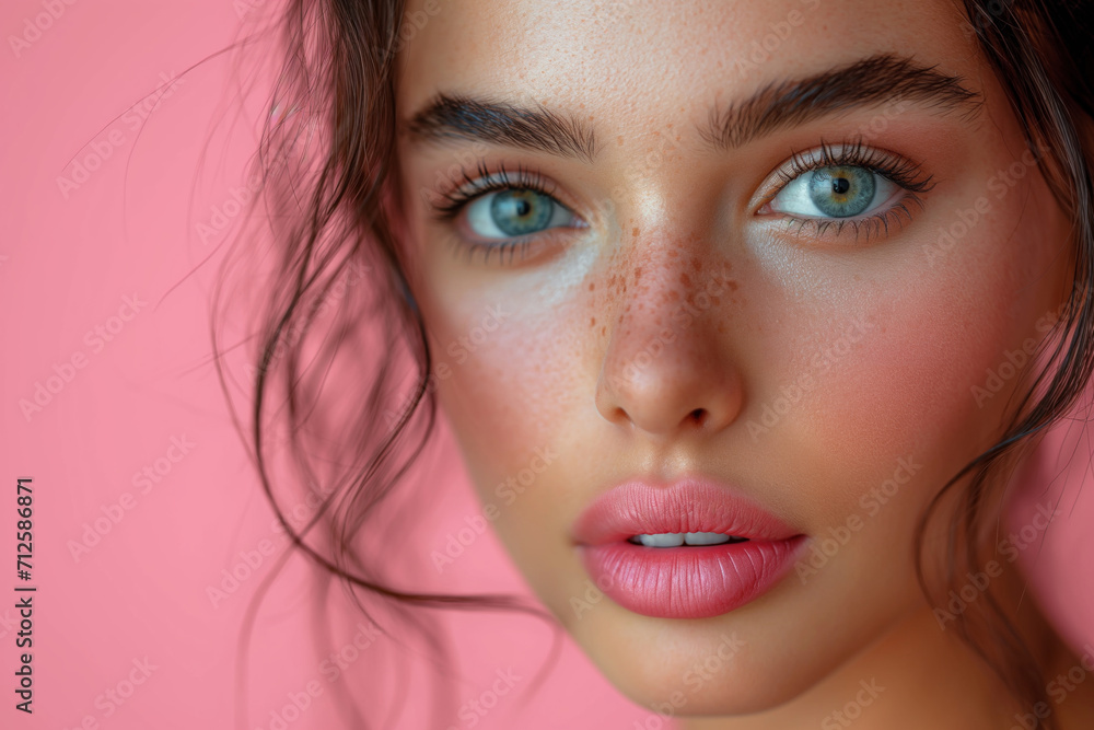 Fototapeta premium Beautiful womans face with perfect professional makeup close up on pink background
