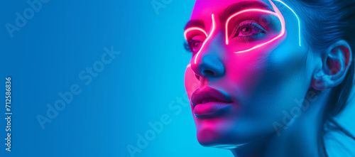 Close up side profile view of woman with neon lights details on her beautiful face. Bright led lights, pink and blue color background with copy space