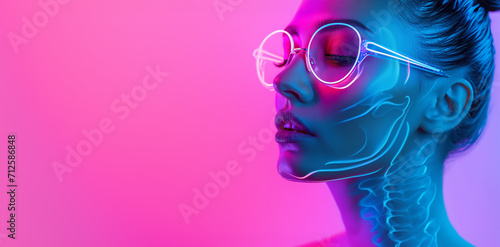 Close up view side profile shot of beautiful woman face in glasses with anatomical x-ray skeleton details. Bright led neon lights, pink and blue color background with copy space