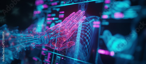 Female hand with anatomical x-ray bones details touch computer screen with skeleton roentgen. Medicine, modern tech, innovations concept photo