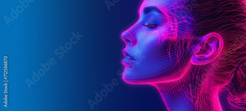 Close up view side profile shot of beautiful woman face with anatomical x-ray skeleton details. Bright led lights, pink and blue color background with copy space photo