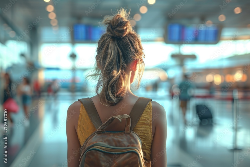 Traveler at airport terminal. Travel concept. Generative AI
