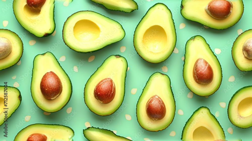 an avocado is cut in half and placed on top of a polka dot tablecloth with a green background. an avocado is cut in half and placed on top of a polka dot tablecloth with a green background.