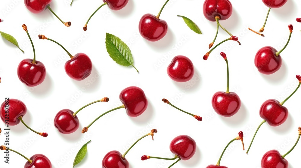 a group of cherries on a white surface with leaves and a green leaf on the top of the cherries. a group of cherries on a white surface with leaves and a green leaf on the top of the cherries.