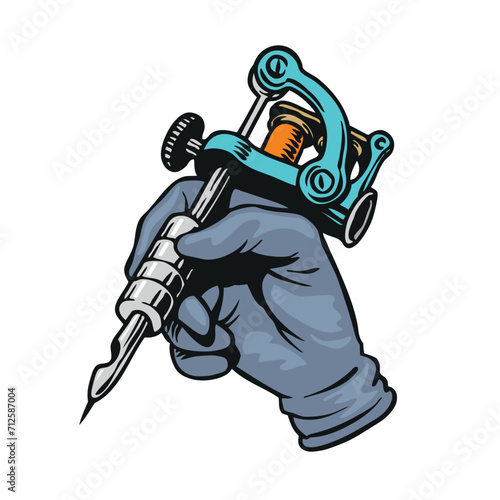 Tattoo artist holding coil tattoo machine. Hand in sterile glove holding tattoo gun or iron equipment isolated on the white background. Vector illustration. 