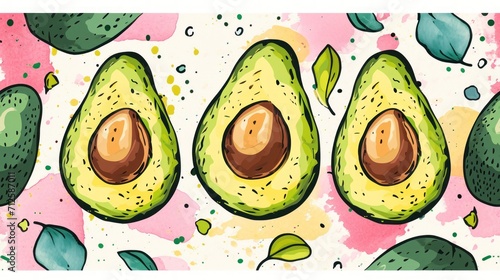  a group of avocados on a pink and green background with leaves and drops of watercolor on it.