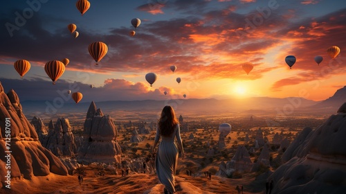 Amid the breathtaking scenery of Goreme, Turkey, a vacationer marvels at the beauty of Kapadokya, with stunning air balloons soaring through the sunrise-lit Anatolian sky.