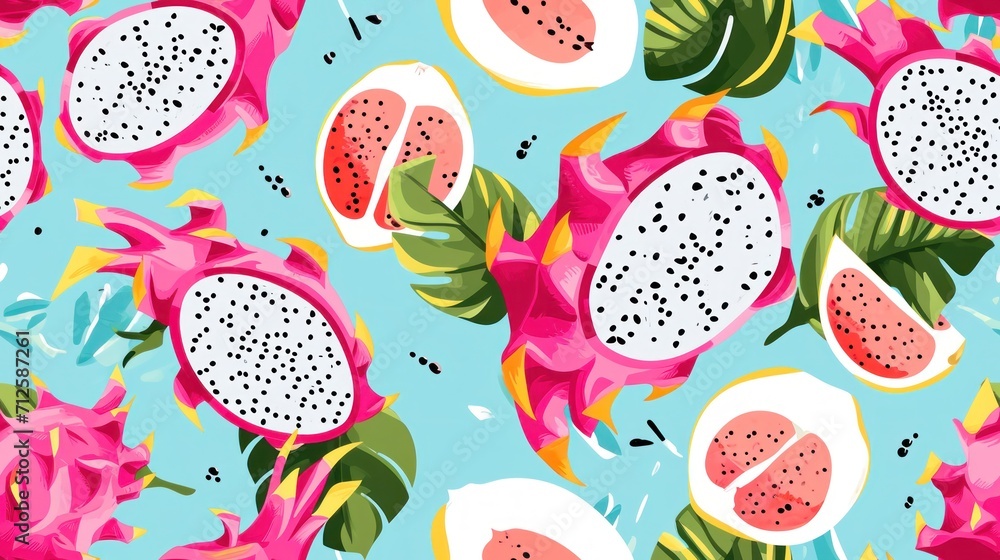 a close up of a fruit pattern on a blue background with pink and green leaves and a cut in half dragon fruit. a close up of a fruit pattern on a blue background with pink and green leaves and a cut in half dragon fruit.