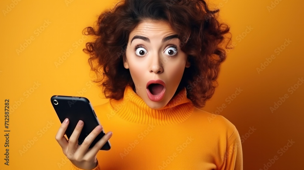 beautiful woman exited surprise face expression . female feels shocked with the phone. exciting smile and happy adorable rejoices. Very enjoy and fun relax time. wow, girl holding smartphone.