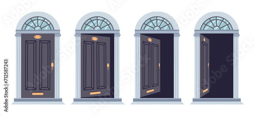 Door in various positions. House entrance door animation, opened and closed wooden doors flat vector illustration set. Close and open door
