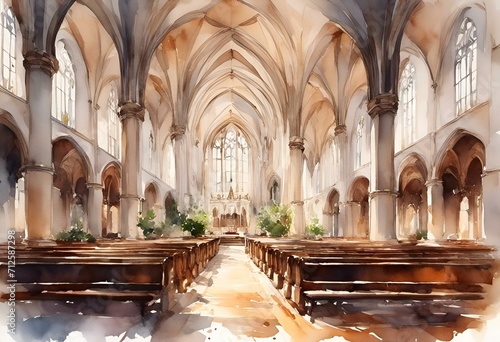 AI generated illustration of watercolor painting of a bustling church congregation