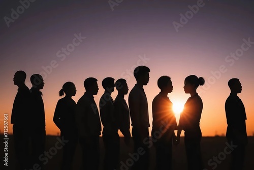 Silhouette Mensch eine Gruppe Leute Sonnenschein Sonnenuntergang Treffen zusammenkunft Heirat Heiratsantrag. Generierte KI / AI Bild.