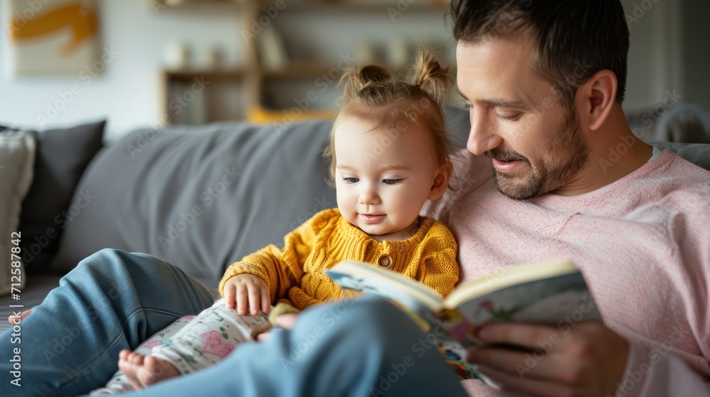 Happy father relax and read book with baby time together at home. parent sit on sofa with daughter and reading a story. learn development, childcare, laughing, education, storytelling, practice. Happy father relax and read book with baby time together at home. parent sit on sofa with daughter and reading a story. learn development, childcare, laughing, education, storytelling, practice.
