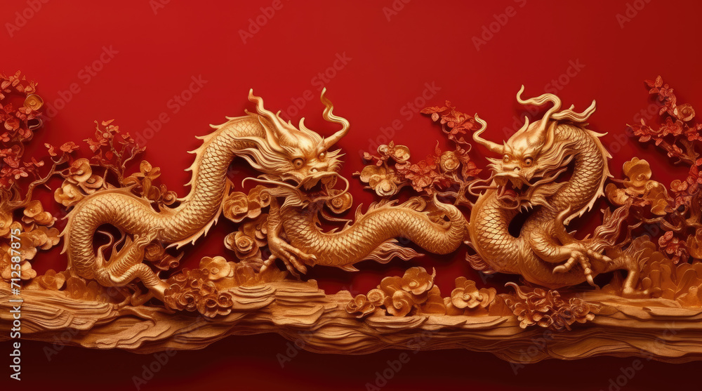 Golden Chinese wooden dragon statue in red background with flower, cloud and wave. Religion and culture of Chinese New Year 2024 concept.