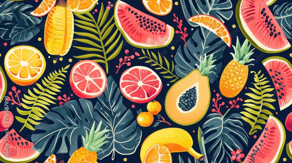 a bunch of different fruits and leaves on a black background with oranges, kiwis, bananas, and pineapples. a bunch of different fruits and leaves on a black background with oranges, kiwis, bananas, and pineapples.