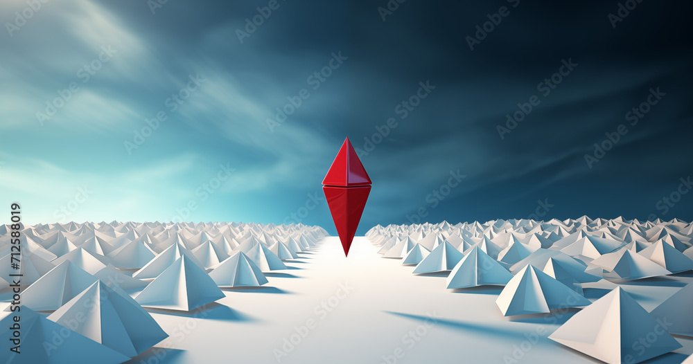 one red paper plane above many white paper planes. illustration to show a leader must have self-determination and persistence. one red paper plane above many white paper planes. illustration to show a leader must have self-determination and persistence.