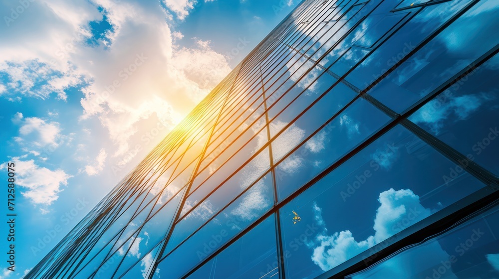 Modern office building or business center. High-rise window buildings made of glass reflect the clouds and the sunlight. empty street outside wall modernity civilization. growing up business Modern office building or business center. High-rise window buildings made of glass reflect the clouds and the sunlight. empty street outside wall modernity civilization. growing up business