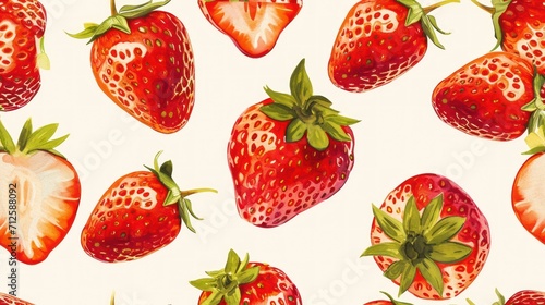  a close up of a pattern of strawberries on a white background with green leaves and a strawberry cut in half.