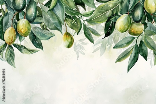 Watercolor olives tree on light bright background. Concept of healthy food, diet with empty space for your text