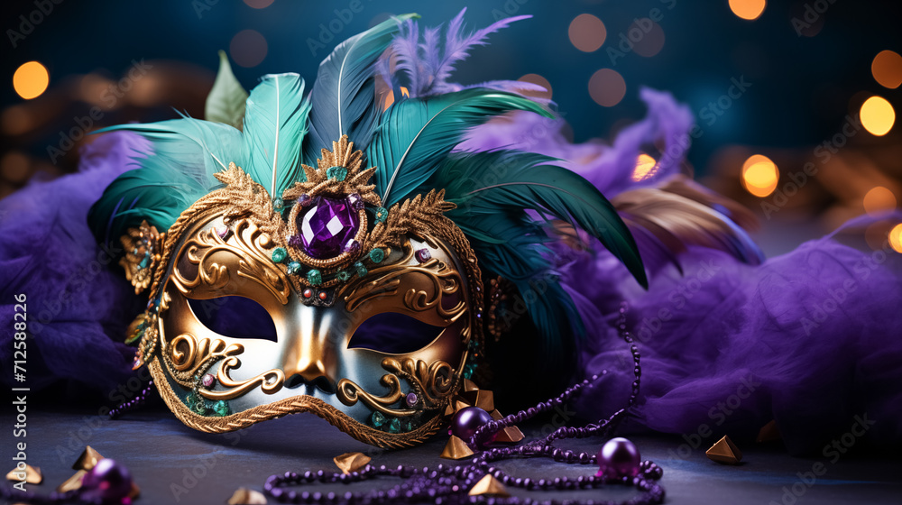 Venetian gold mask with beads and feather decoration in the traditional Mardi Gras colors of purple and green - obrazy, fototapety, plakaty 