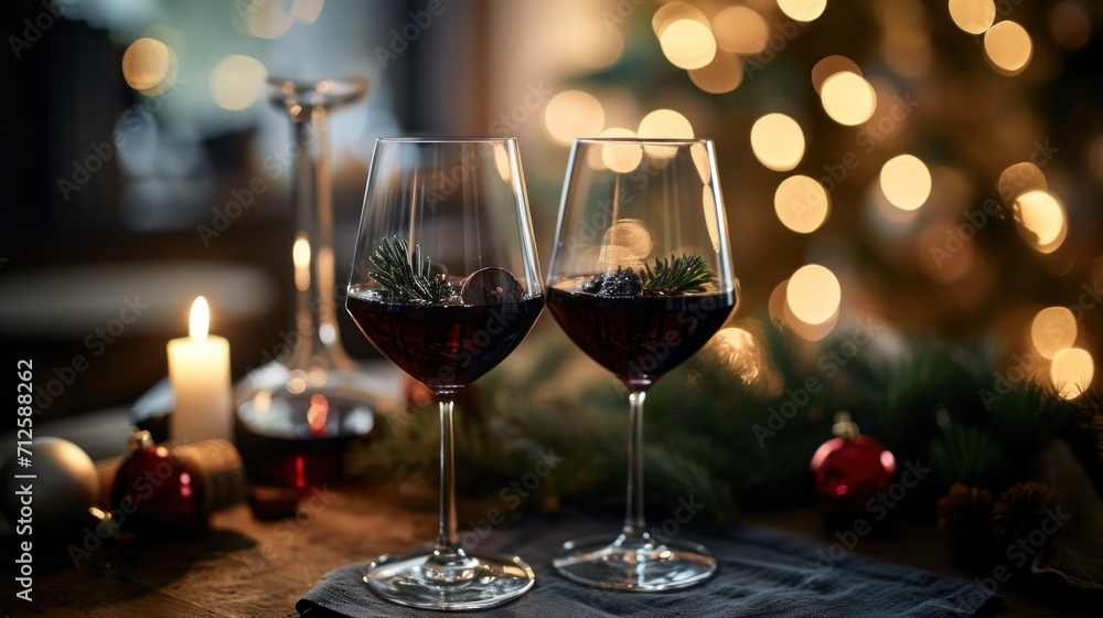 two glasses of red wine on a table with a christmas tree in the background and a lit candle in the foreground. two glasses of red wine on a table with a christmas tree in the background and a lit candle in the foreground.