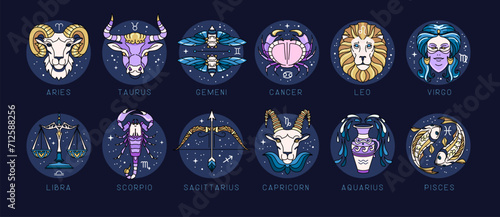Set of modern cartoon astrology zodiac signs isolated on blue background. Set of Zodiac icons. Vector illustration