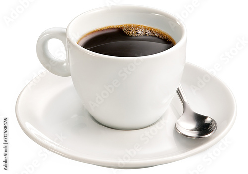 xícara com café expresso quente acompanhado de colher isolado em fundo transparente photo