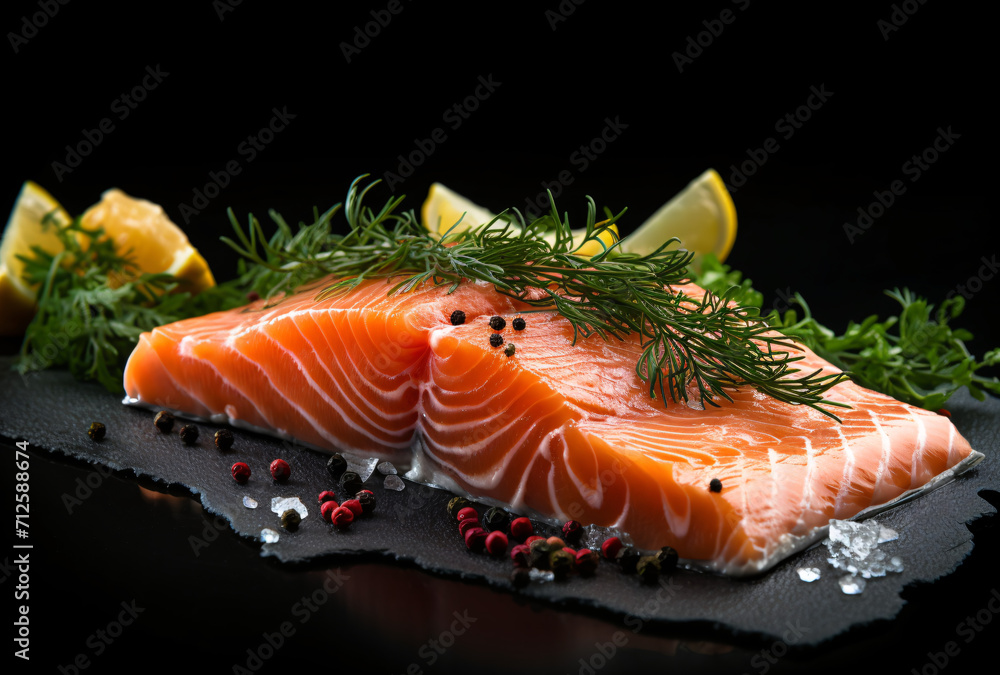 fresh salmon with vegetables on black backdrop fresh salmon with vegetables on black backdrop